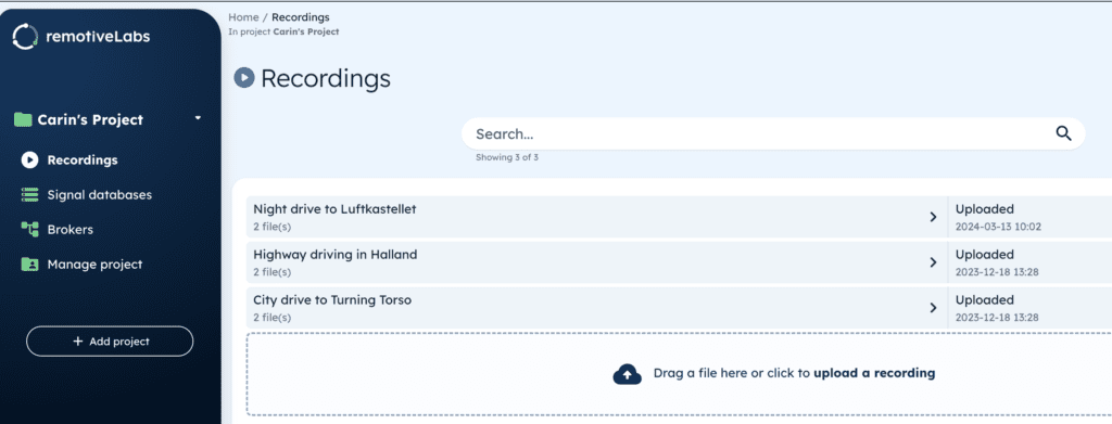 Three recordings available in RemotiveCloud free plan