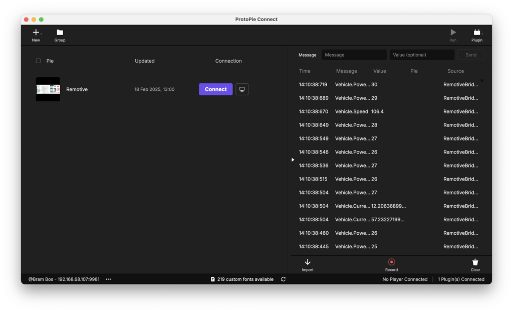 ProtoPie incoming vehicle data